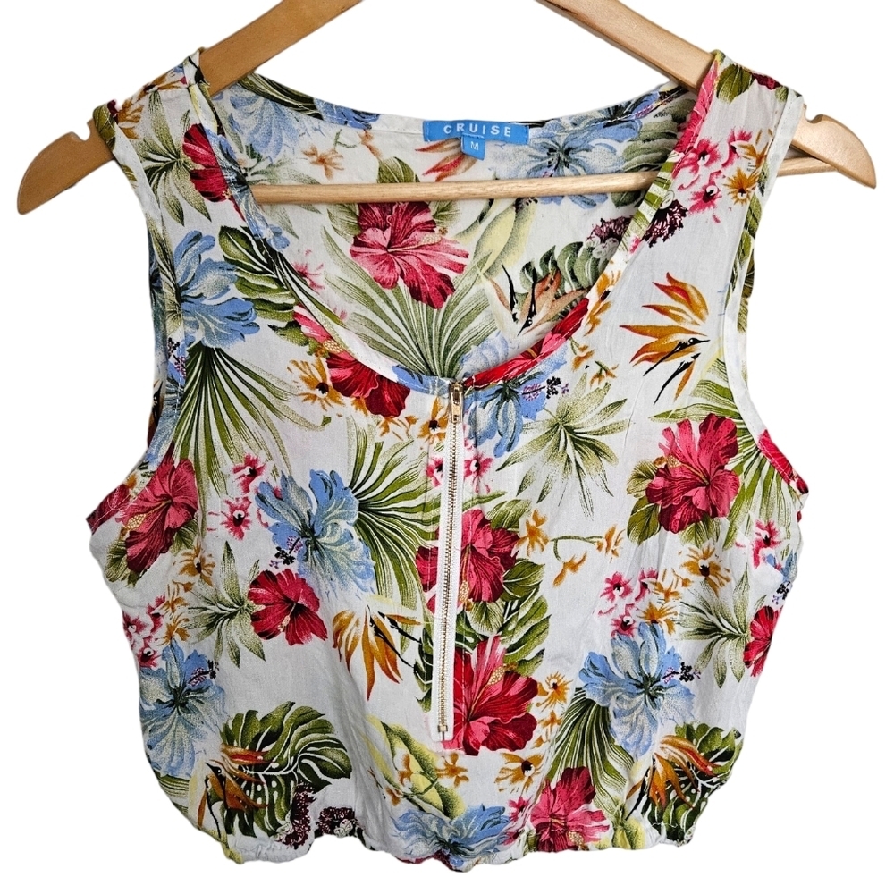 Floral zipper‎ front crop top